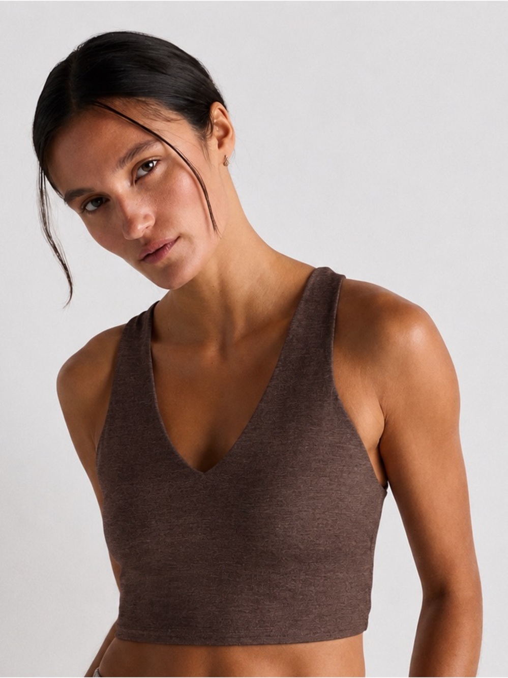 Quince‎ Ultra Soft V-Neck Heather Brown Racer Back Bra Size Med Activewear